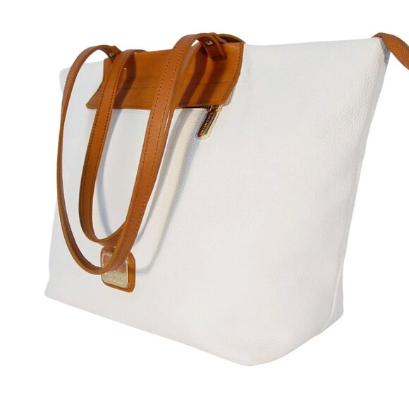 VALENTINA Italian Leather Tote Bag Classic White and Tan Beach Resort - ITALY - Picture 2 of 11